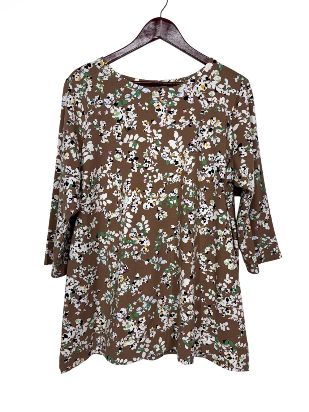 J. Jill All Over Floral Print Brown Luxe Supima Crewneck Tunic Shirt Size XL
